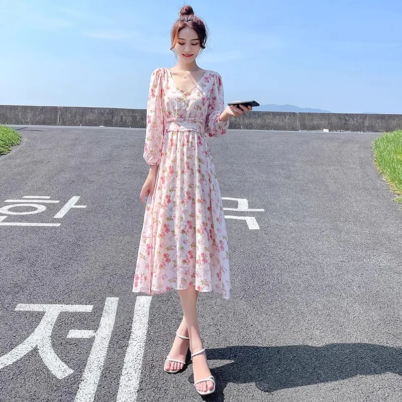 

Commuter casual floral dress women 2024 fall models waisted thin small temperament skirt