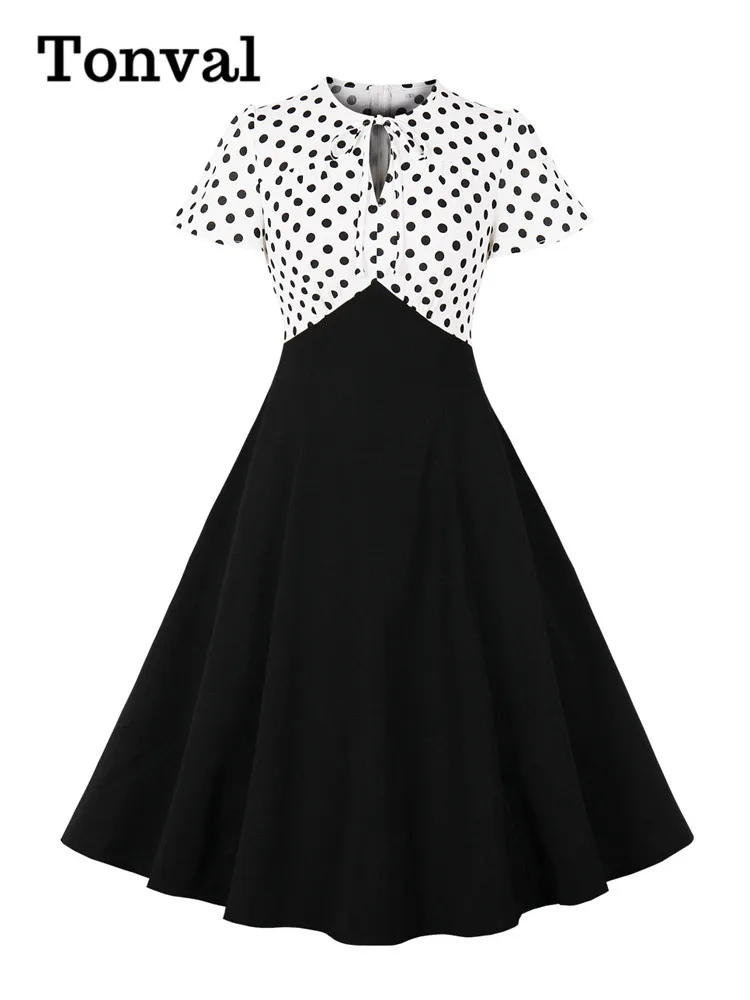 Tonval Polka Dot White and Black Vintage Women Swing Summer Dress Tie Neck Keyhole Front High Waist 50s Ladies Dresses