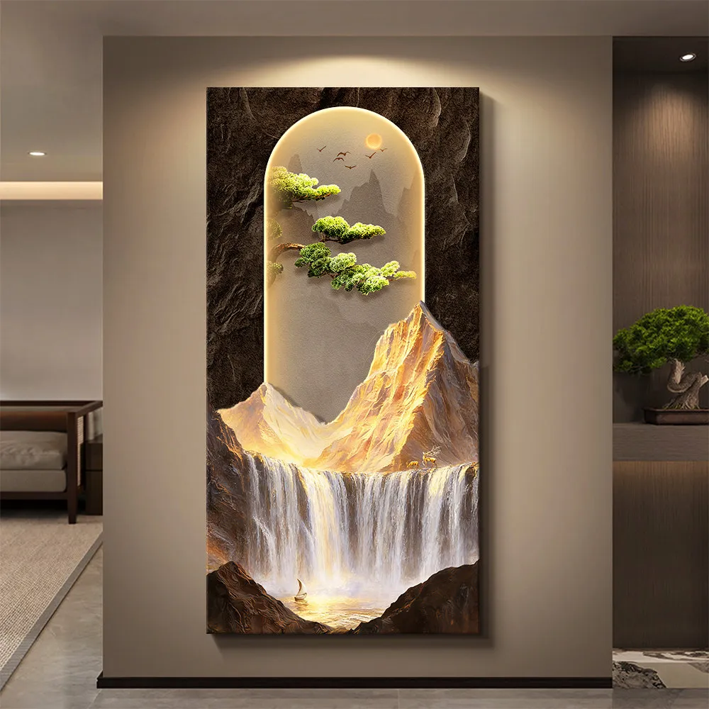 Flowing water generates wealth, three-dimensional entrance decoration painting, mural lamp, high-end hanging painting