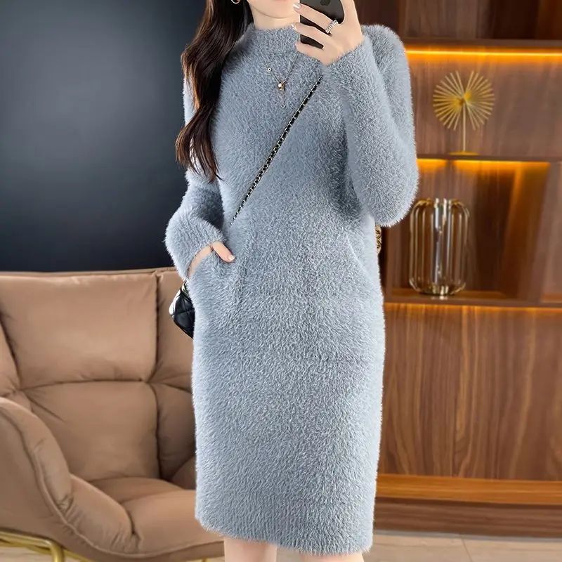 원피스 여성용 모조 밍크 벨벳 스웨터, 루즈 긴팔 풀오버, 가을 겨울 니트 하의 셔츠 R12 