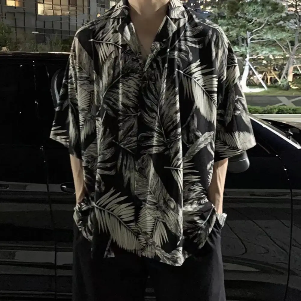 

Fashion Lapel Short Sleeve Thin Shirts Men Loose Summer Tropical Leaves Printed Hawaiian Shirt Streetwear camisas y blusas