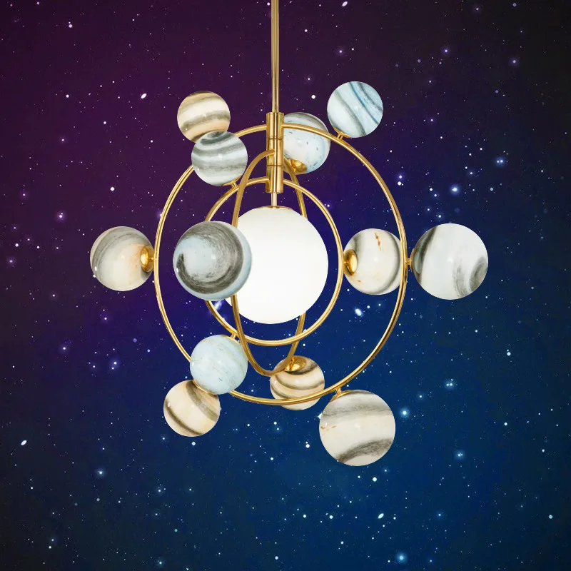 Modern Creative LED Glass Ball Chandelier Roaming Earth Pendant Lamp Living Room Boy Bedroom Circular Art Hanging Lights Decor