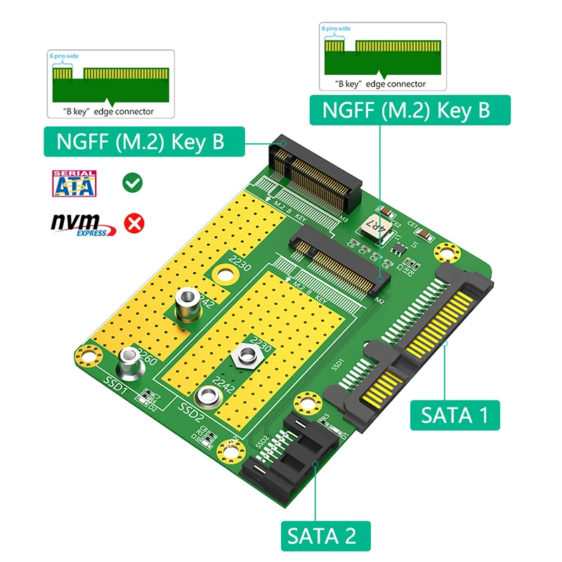 Dual M.2 B Key to Dual SATA3.0 Adapter Converter Board External M2 SATA SSD Expansion Card Support 2230 2242 2260 SSD M2 Adapter