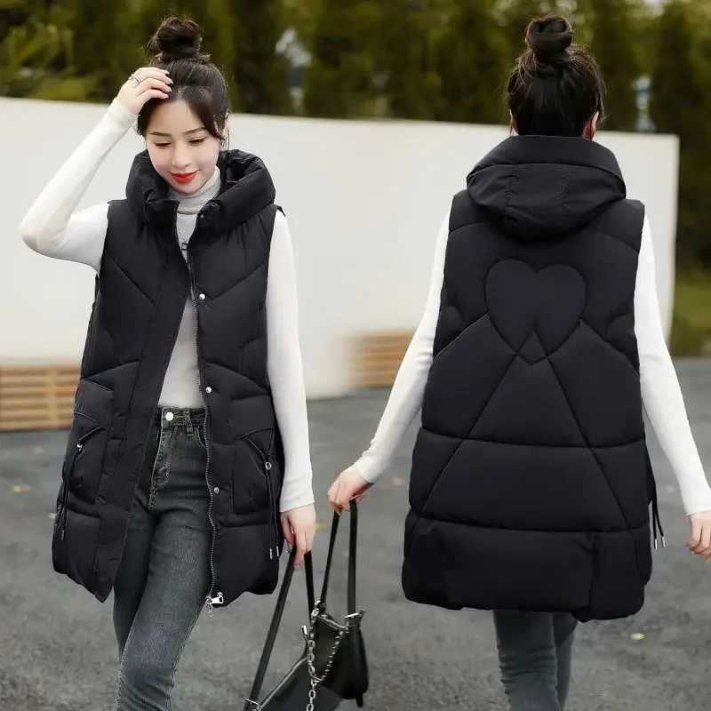 

Female Autumn Winter New Standing Collar Vest Women's Mid Length Cotton Clothes Warm Coat Hooded Casual Versatile Thick Clothing