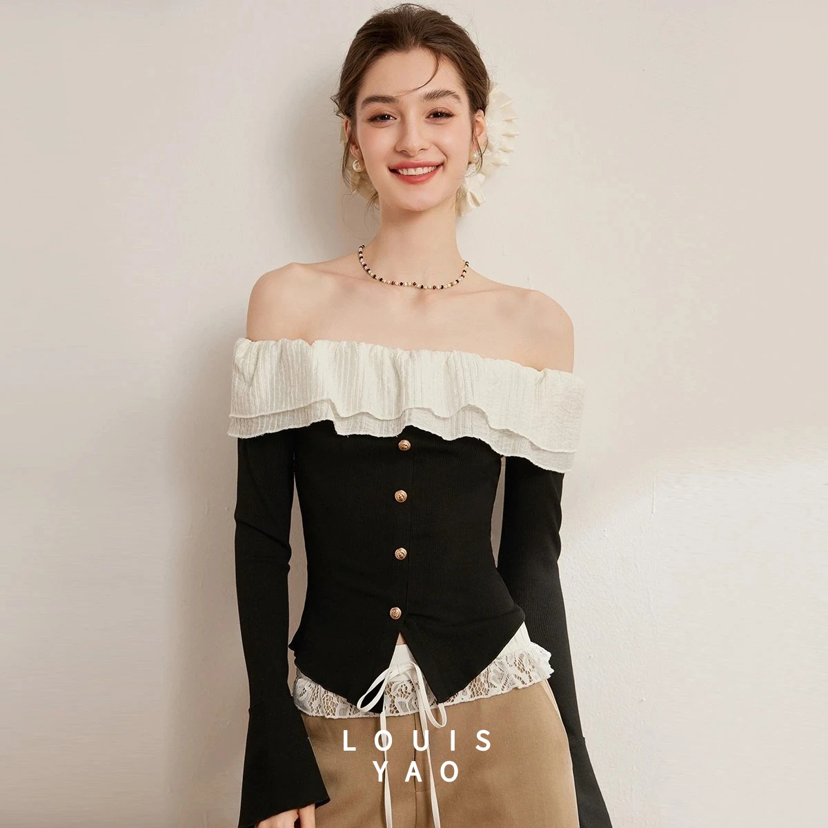 LOUISYAO contraste couleur Slash cou tricots femmes chemises 2025 printemps hauts ajusté bord à volants Flare manches longues Blouses