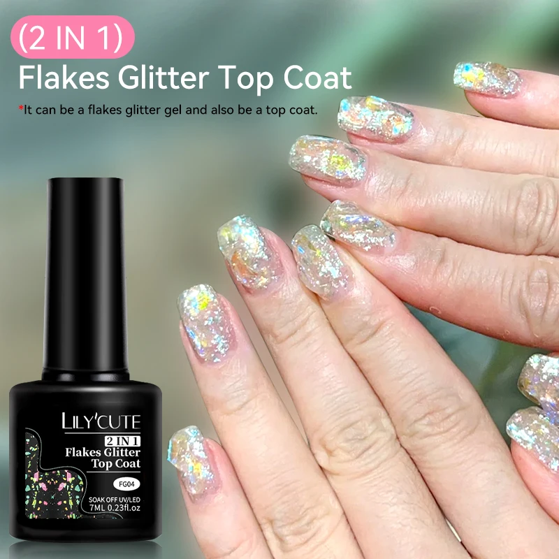 LILYCUTE 7ml Pink Flakes Glitter Top Coat Nail Polish Soak Off Full Coverage Gorgeous Color Gel Manicure Nail Art Gel Varnish