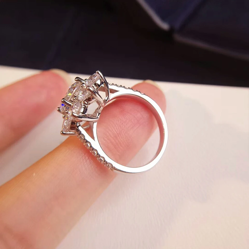 2 karat bunga matahari asli Moissanite cincin pertunangan untuk wanita 925 perak murni 18K lapis emas putih cincin pernikahan dengan GRA