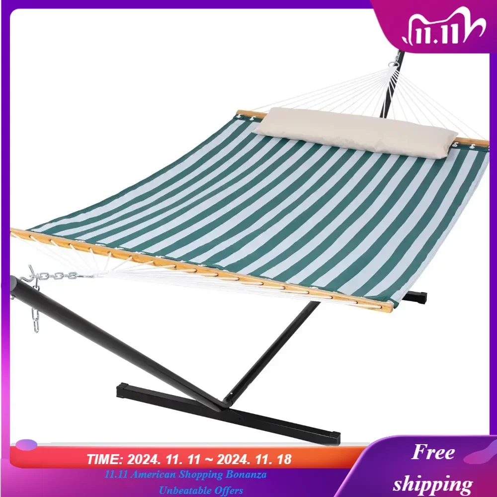 

Quick Dry Hammock with Stand, 2 Person Outdoor Free Standing Hammock for Poolside, Garden, Backyard, Green Stripes