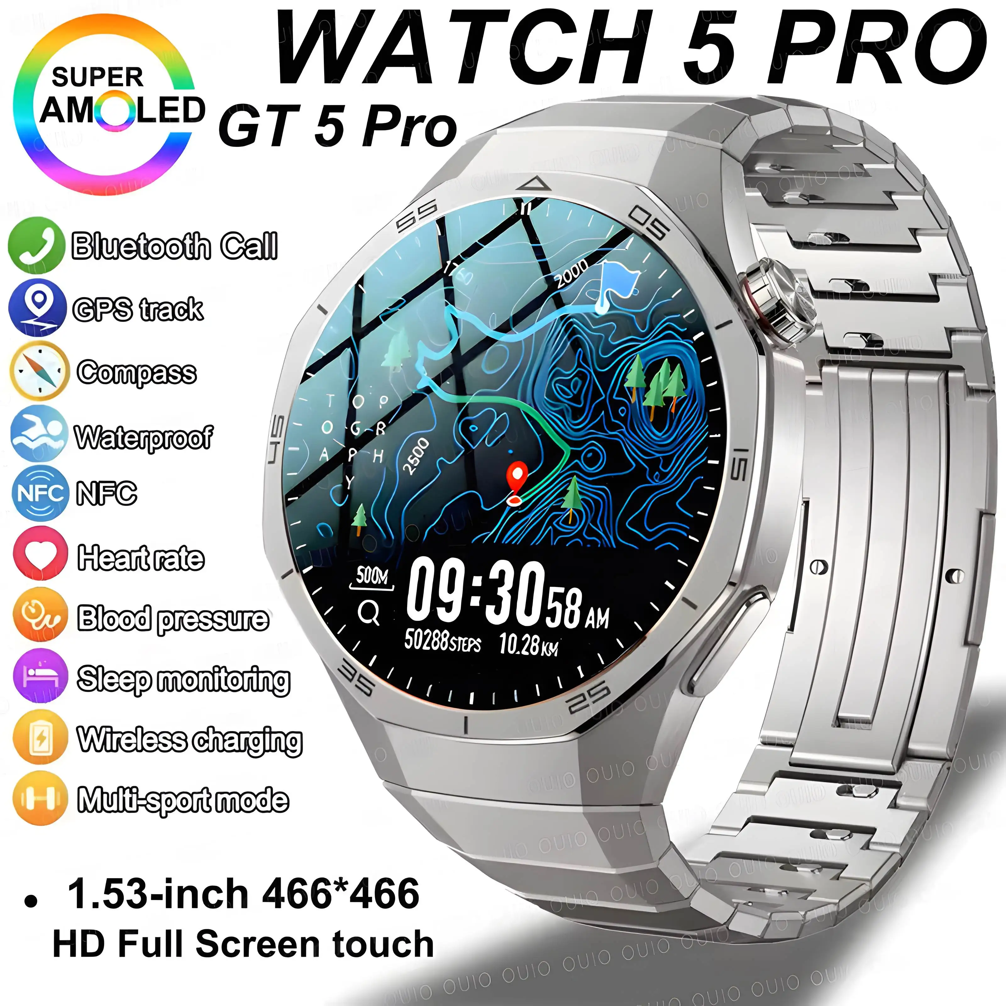 

Original For HUAWEI Watch 5 Pro Men GPS Sports Fitness Tracker AOMLED HD Screen NFC Bluetooth Call Business smart watch 2025 New