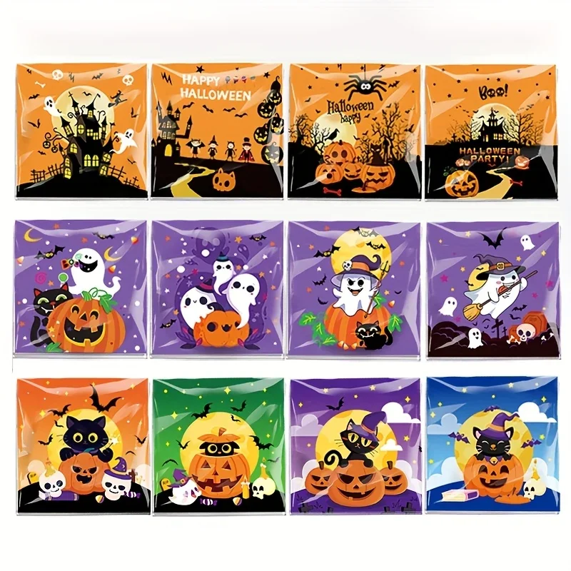 100 Halloween Cute Cartoon Castle Ghost Cat Pumpkin Transparent Self-Adhesive Bags Halloween Party Small Gift Packaging Bags