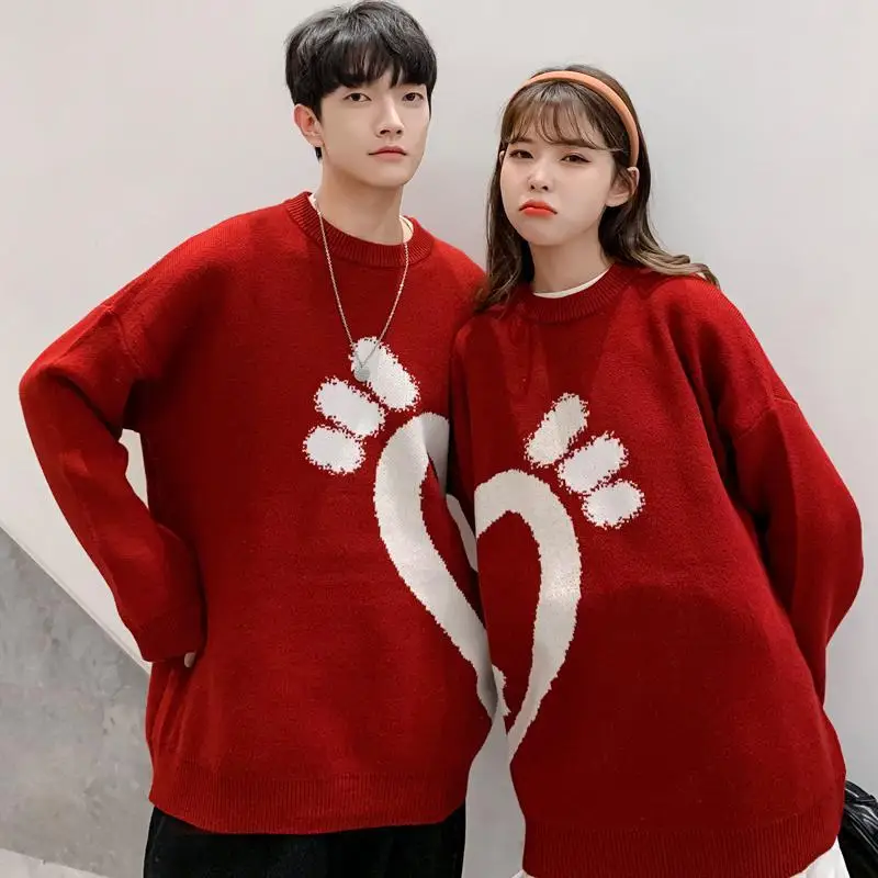 New Couple Christmas Sweater Men and Women Round Neck Thicken Autumn and Winter New Year Pullover Red Love Knitted Sweater Men