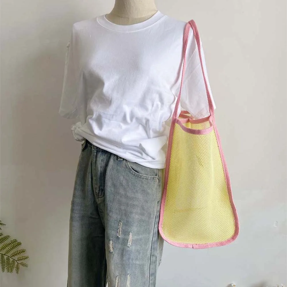

Breathable Mesh Tote Bag Large Capycity Fluorescence Color Beach Grid Handbag Transparent Nylon Hollow Out Shoulder Pouch Girls