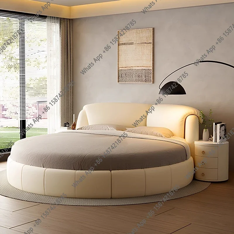 N63 Home 180 200 220 Cm Luxury Modern Genuine Leather Round Double Bed Full Size Bed Frame Bedroom Beds Frames Bedroom Furniture