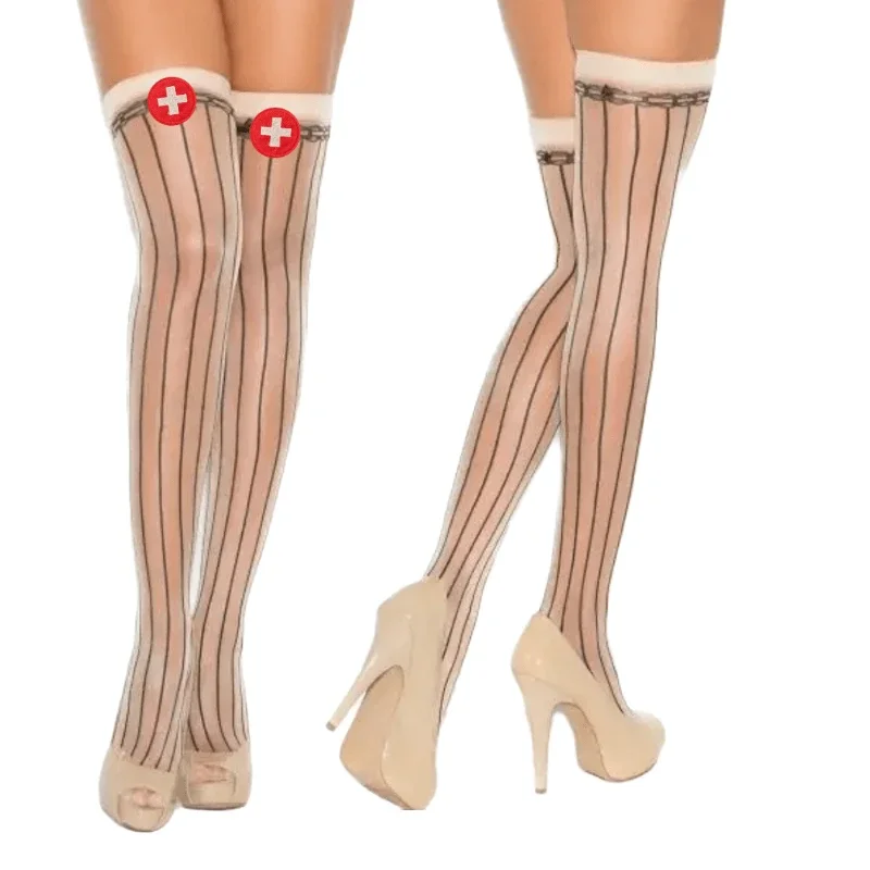 

Sexy Nurse Stockings for Women Lingerie Vintage Stripe Thigh High Stocking New Cosplay Uniform Erotic Fashion Beige Stockings