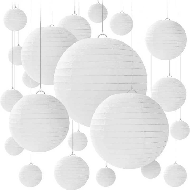 Hot Selling White Paper Lanterns 4/6/8/10/12/14/16 Inch Retro Round Ceiling Lampshade Wedding Party Hotel Caf  Hanging Lights