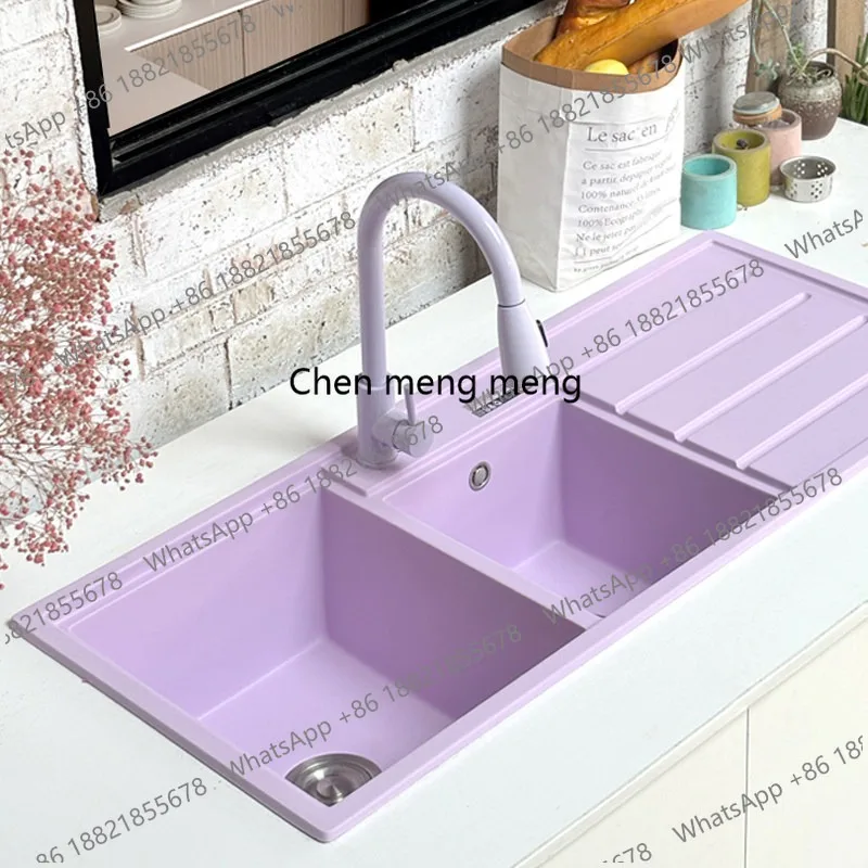 Integrated sink with drain table quartz stone large double slot granite kitchen vegetable basin handmade positive red