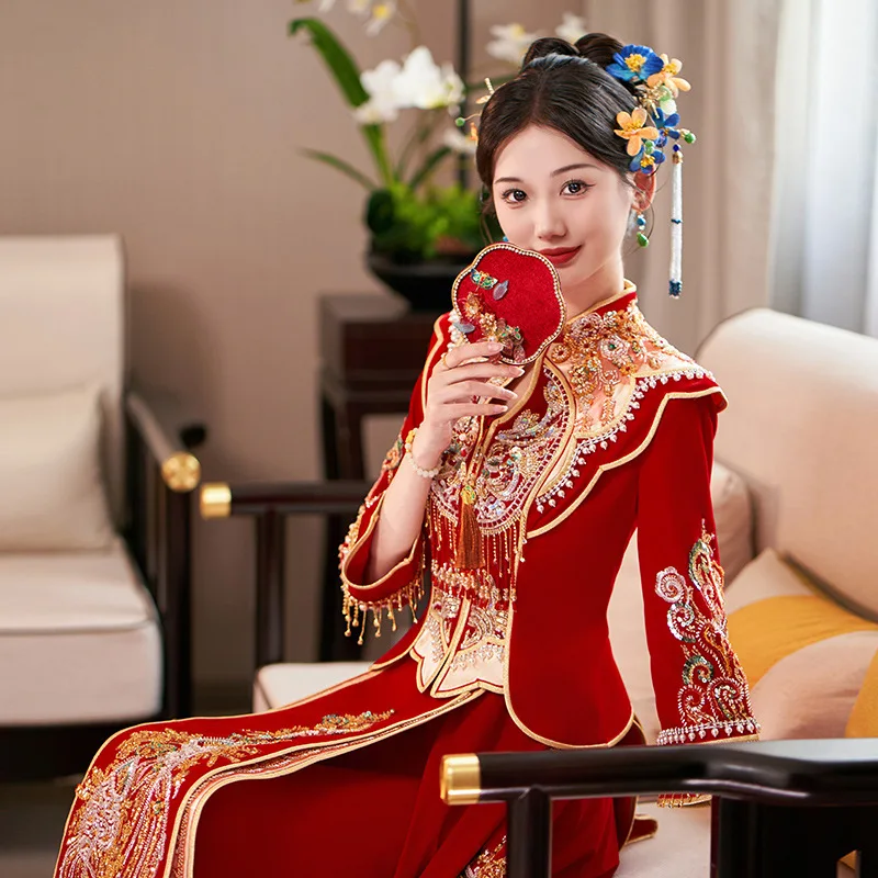 

2024 New Heavy Industry Xiuhe Clothing Bride Chinese Wedding Dress Toast Outfit High-End Luxury Women