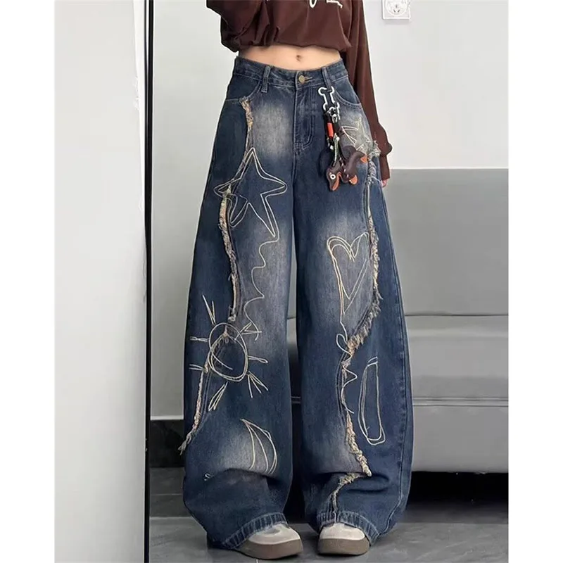 Women High Waist Casual Woolen Edge Jeans Retro Female Wide Leg Denim Pants Autumn Lady Design Sense Straight Leg Cowboy Trouser