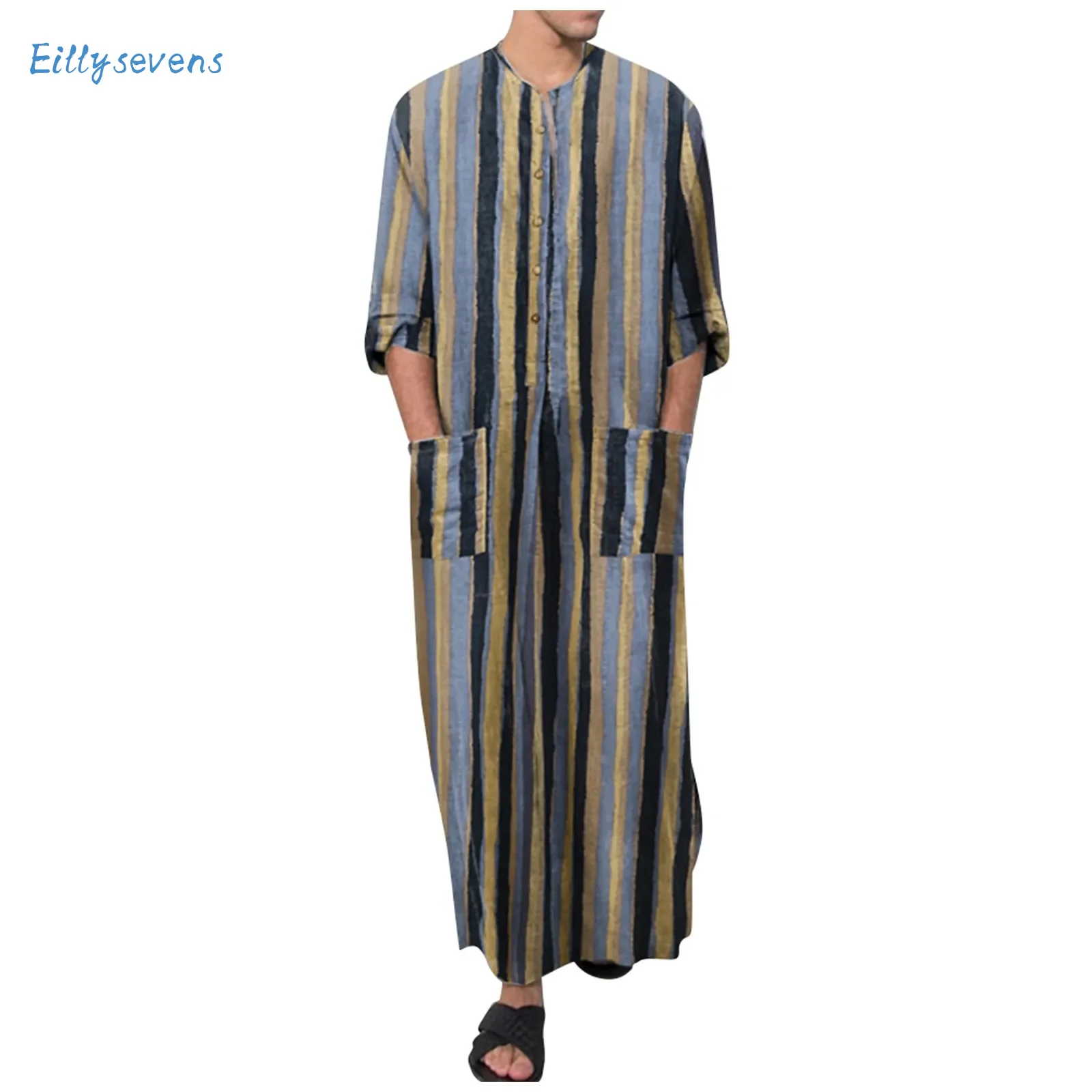 

Summer Men'S Muslim Clothing Retro Color Stripes Round Neck Half Button Loose Robe Daily Causal All-Match Comfy Shirts Robe