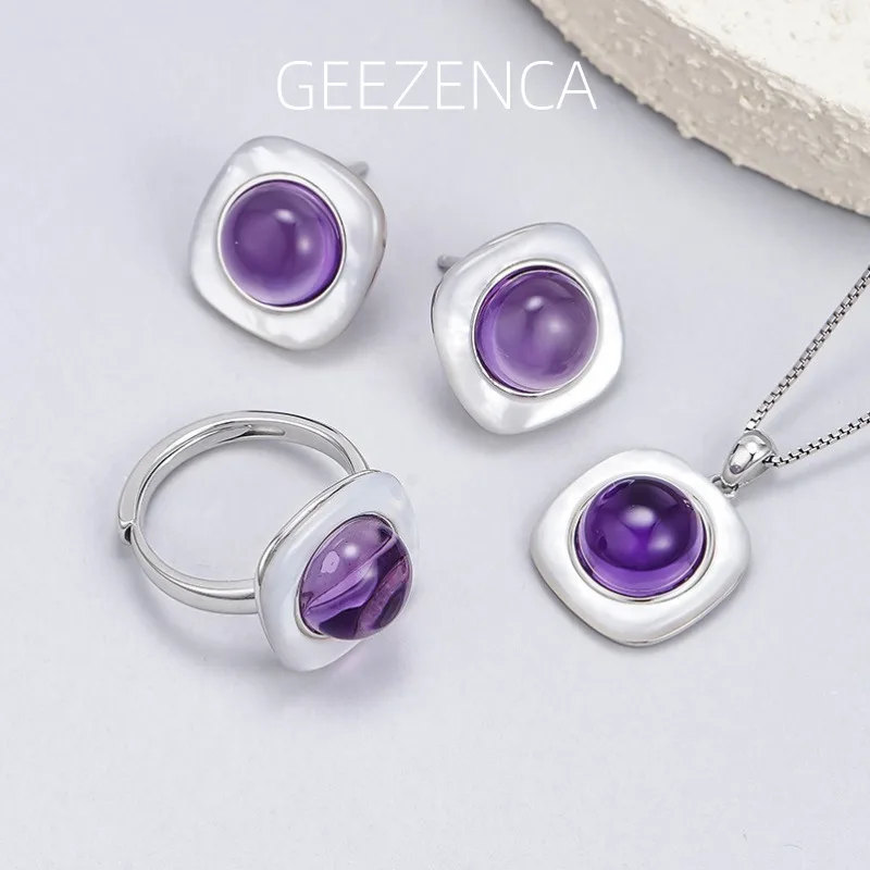 

GEEZENCA Amethyst White Mother of Pearl 925 Silver Square Jewelry Sets With Earrings Ring & Pendant For Women Simple Trendy Gift