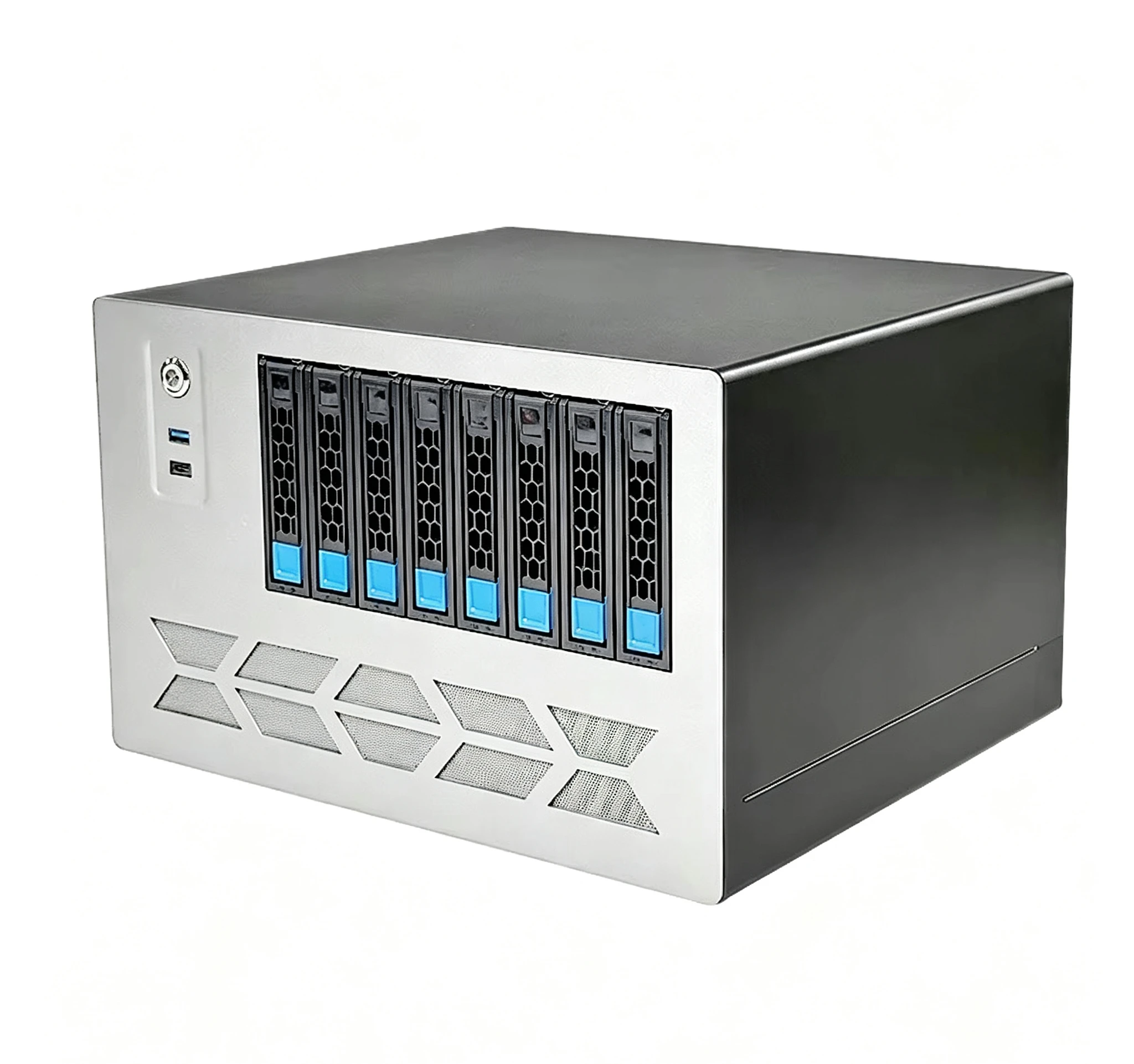 8 Bays MATX NAS Server Mid Tower Chassis, Support Micro-ATX Mainboard, Front USB Type-C Port, Steel Storage Computer Case
