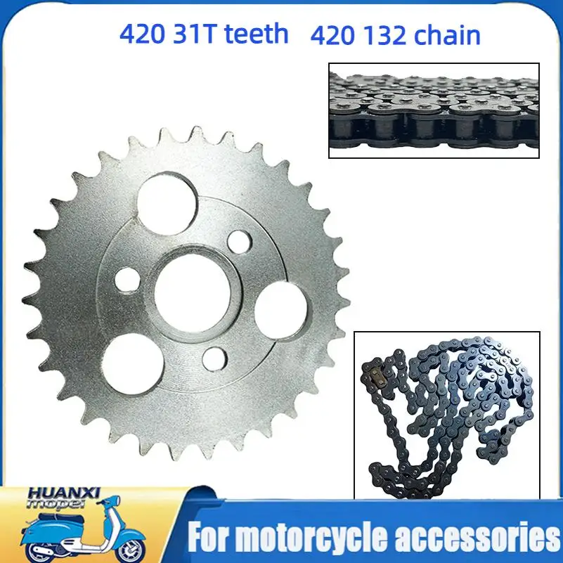

Подходит для мотоциклов, питбайков, аксессуаров для велосипедов: задняя звездочка 420 31T, цепь 420 132 звена, диаметр 30 мм.