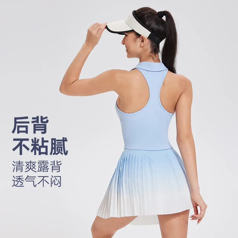 Sport Tank Top with Build in Bra Pleated Skirt Set Tennis Zipper Polo Golf Wear Women Active Wear Badminton Outfit White Black