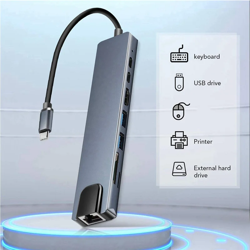 

Концентратор USB-C с Ethernet, 4K HD, USB 3.0, устройство чтения карт SD, зарядка PD 87 Вт, высокоскоростная передача данных для Windows、Macos-T44C