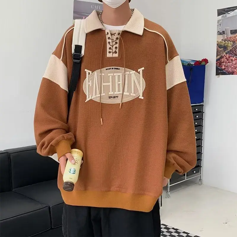 

Retro American Style Men's Sweatshirt with Belt Heavy Embroidery Loose Long Sleeve Casual Outerwear Fashionable Polyester Fabric