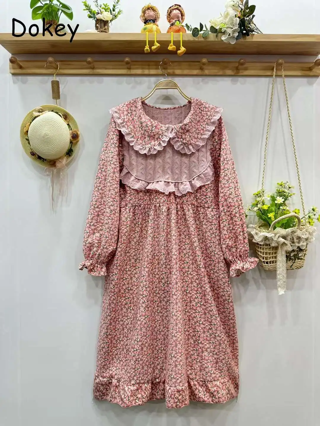 Vintage Doll Collar Knitted Patchwork Floral Dress Women Japan Mori Girl Lace Patchwork Cotton Linen Dress Loose Lolita Vestidos