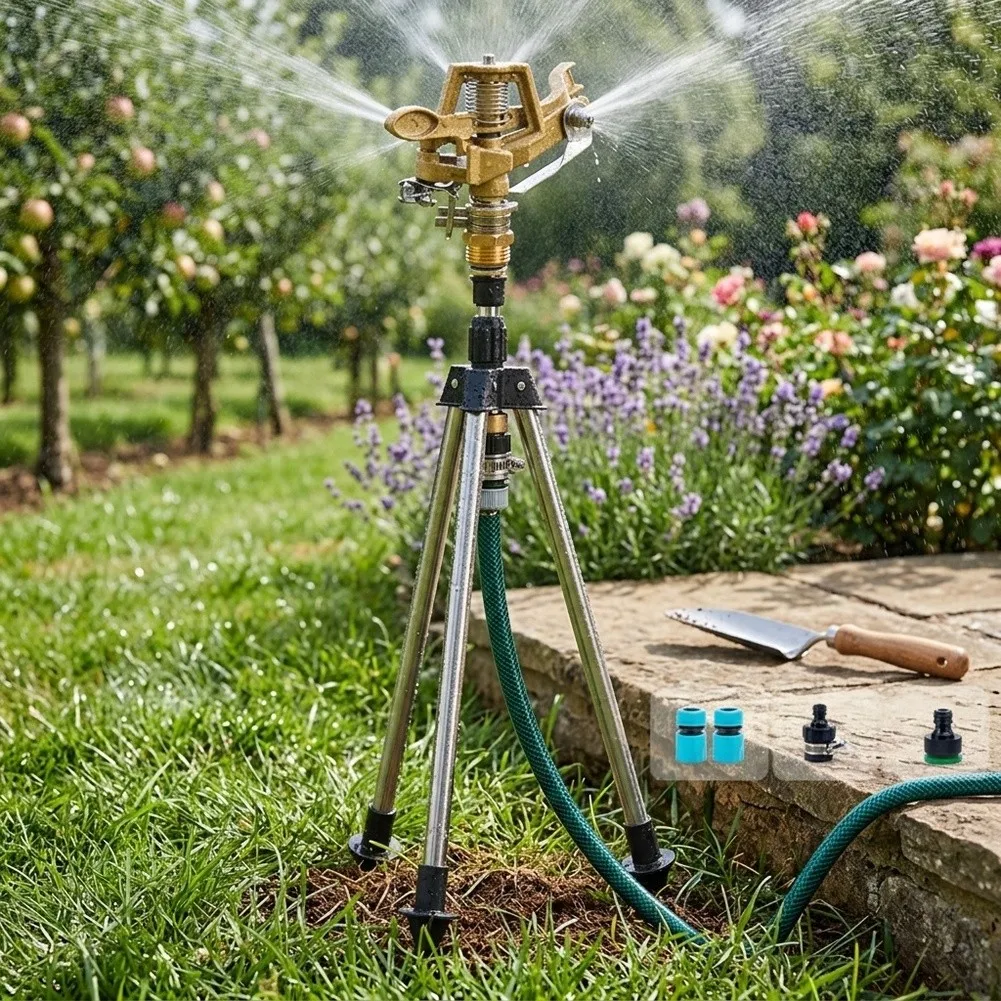 Stainless Steel and Alloy Tripod Sprinkler for Dependable Performance in Lawn Patio and Greenhouse Applications