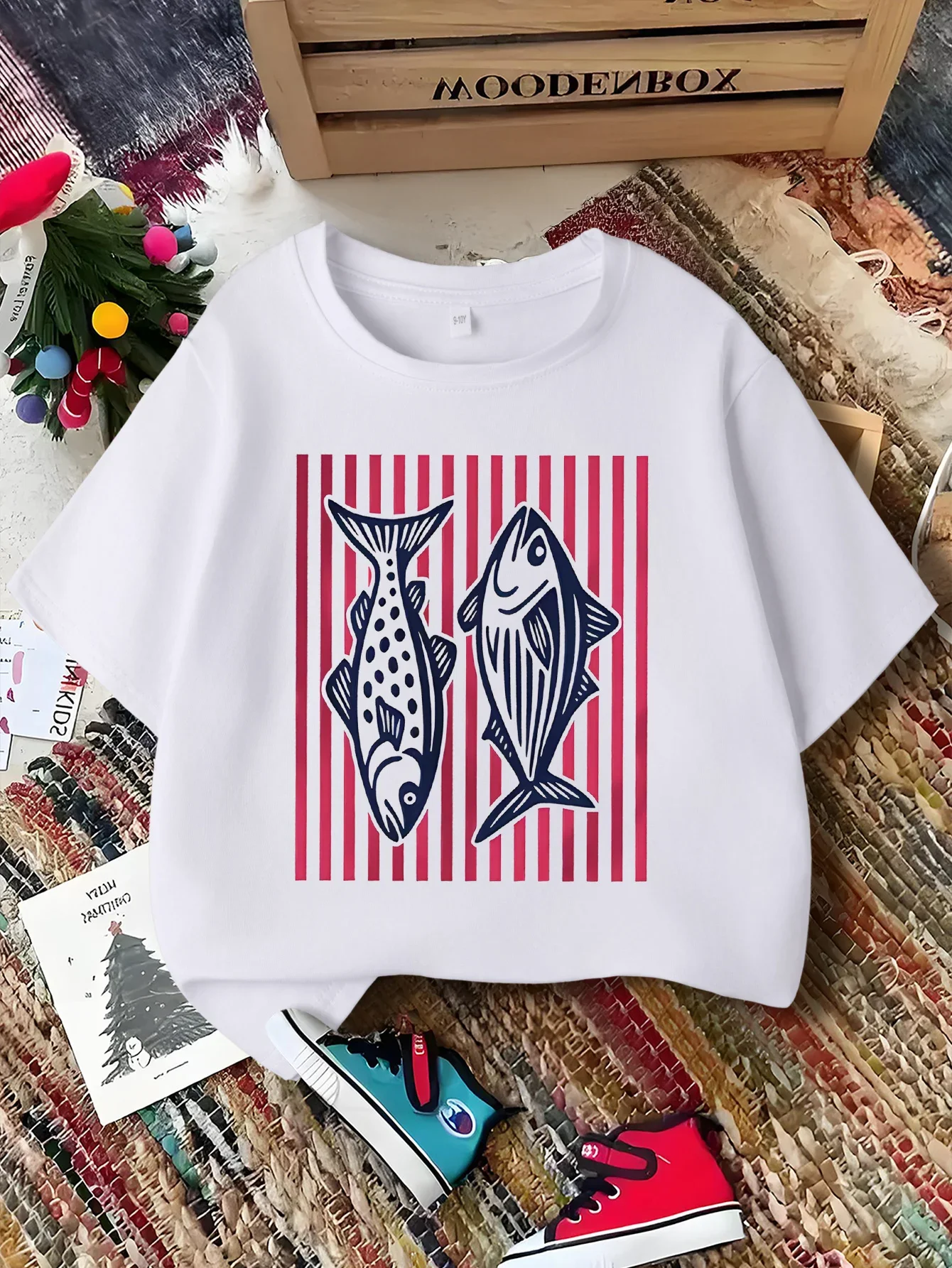 Striped Double Fish Print Kids Tee Boys Girls Family Matching Short Sleeve Breathable Soft Casual Daily Parent Child Comfort Top