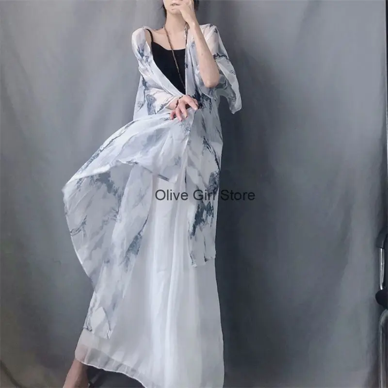 Retro Cardigan Elegant Buttonless Sun Protection Large Coat Ink Painting Loose Wide Sleeved Chiffon Elegant Light Thin Cardigan