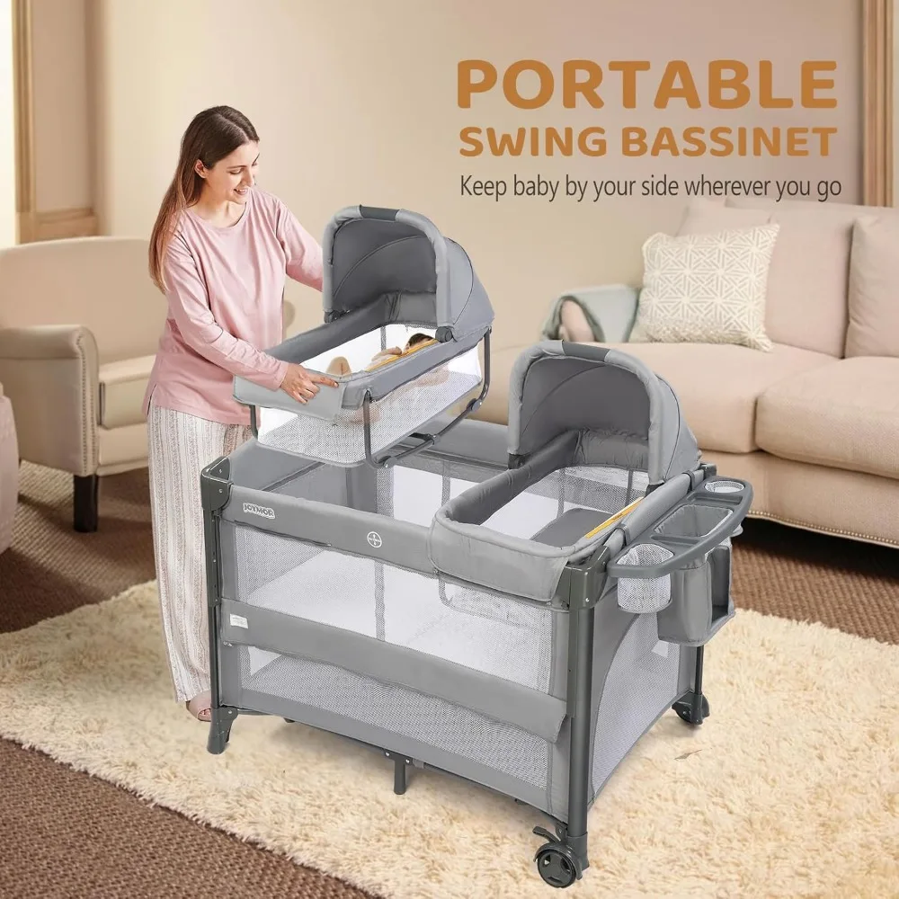 JOYMOR Twin-Stubenwagen für Babys, Nachttisch-Stubenwagen, umwandelbar in Nachttisch-Schläfer und Laufstall, mit Rad, Bremse, klappbare Seite