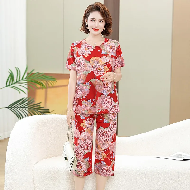 Middle-aged and Elderly Women Summer Short Sleeve Floral Print Loose  T-shirt Top Wide-leg Pant 2PCS Set Mother suit