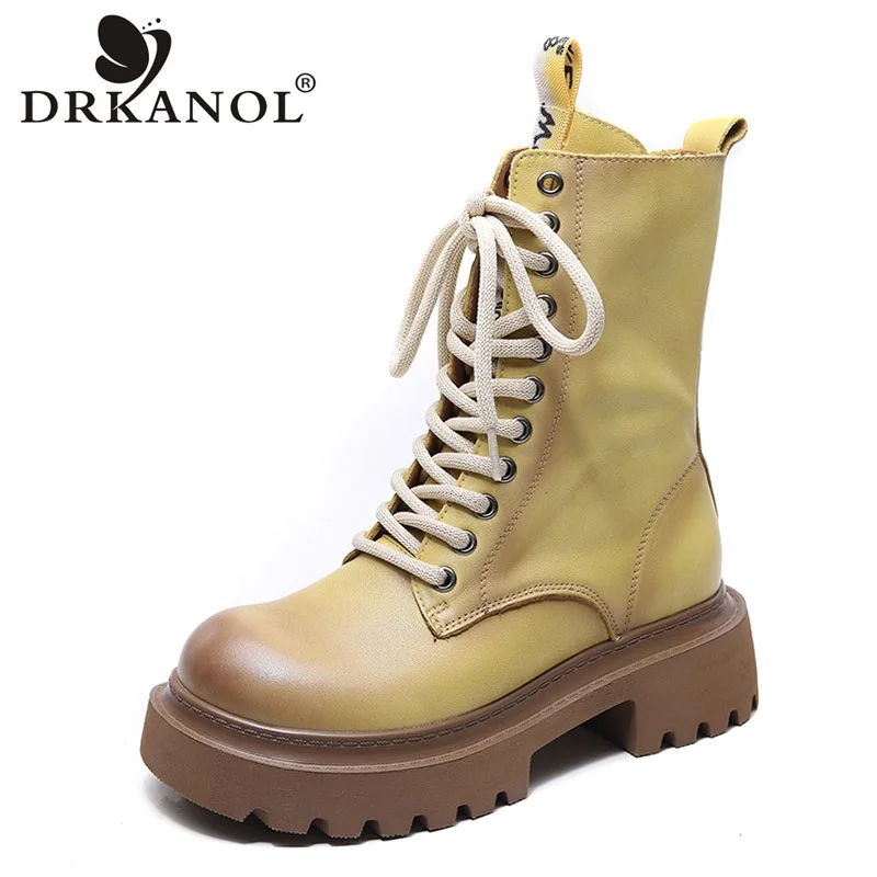 

DRKANOL 2024 Women Chunky Platform Mid-Calf Boots Autumn Winter Warm Thick High Heel Genuine Cow Leather Leisure Knight Boots