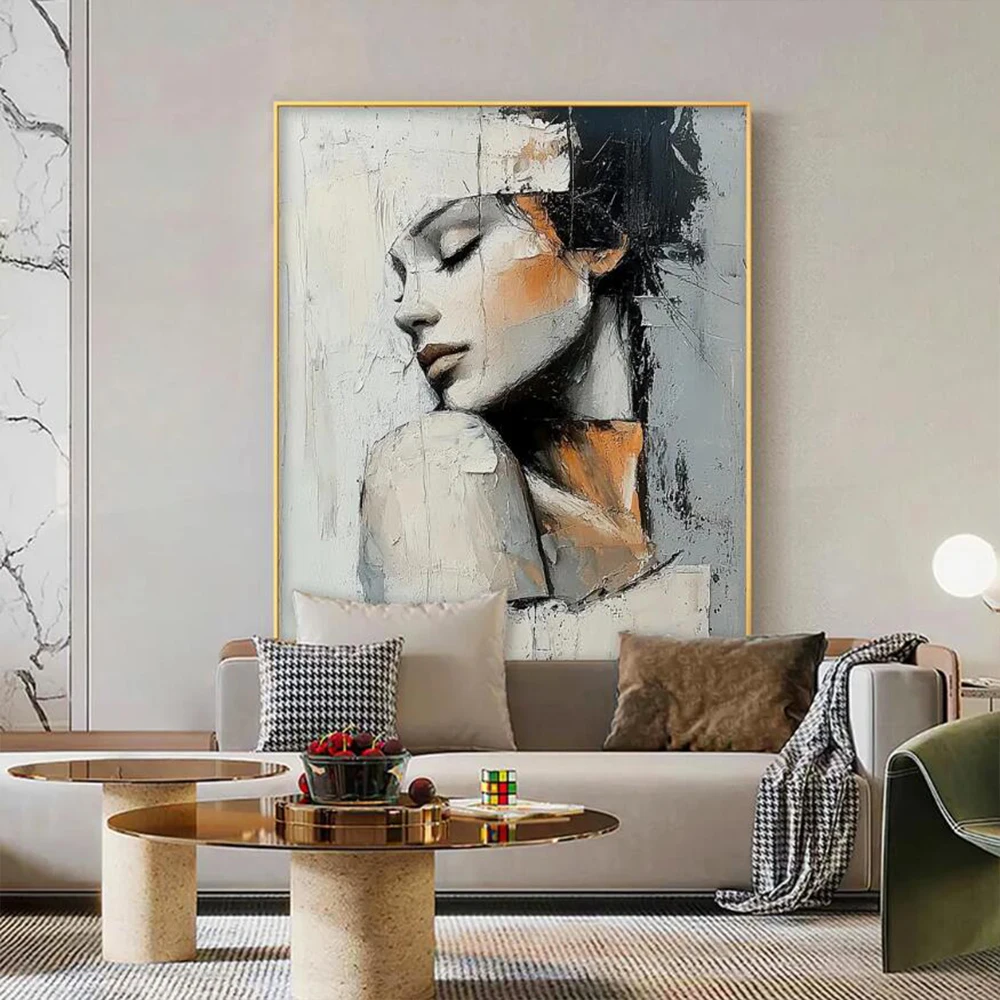 

Original Large Portrait Oil Painting, Textured Grey Girl Wall Art, Modern Canvas Decor