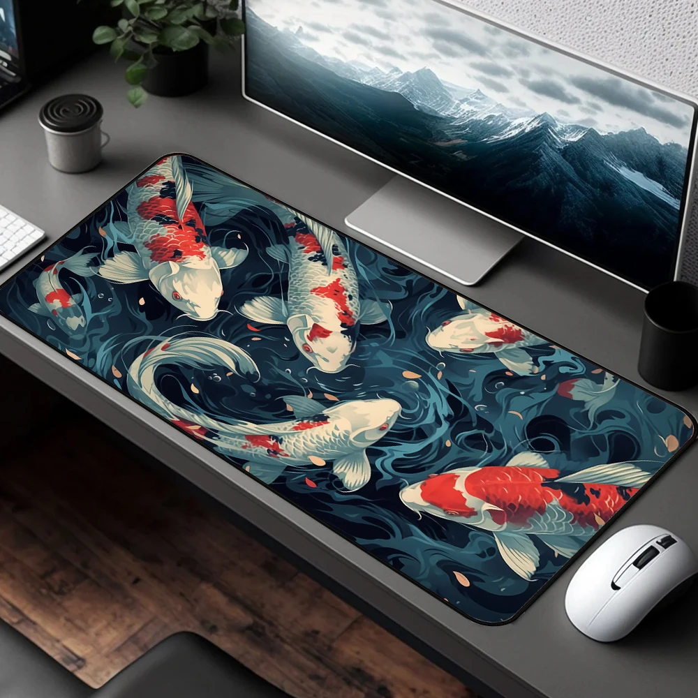 Japanese Desk Mat Black & White Mouse Pad Koi Fish Japan Art Seal Yin-yang fish Large XL Gaming Deskmat Rubber Mousepad 1000x500