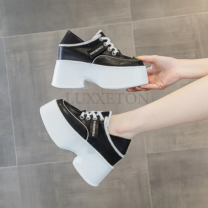 11cm New Platform Wedge Casual Punk Genuine Leather Breathable Summer Comfy Chunky Slippers High Brand Fashion Women Shoes