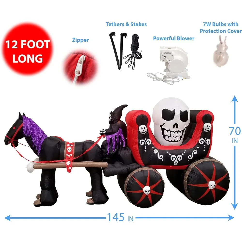 12 Foot Long Halloween Inflatable Carriage with Skeleton Ghost Skull Lights Decor Outdoor Indoor Holiday Decorations, Blow up