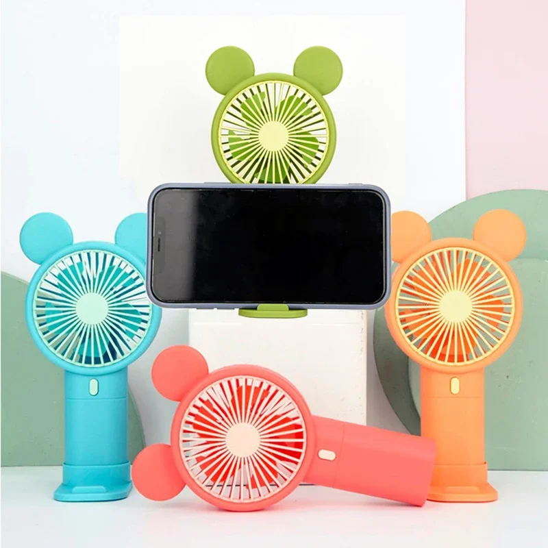 Disney Colorful Mickey Handheld Fan with Phone Holder Portable USB Rechargeable Mute Relieve Summer Heat Fan Toys Children Gift