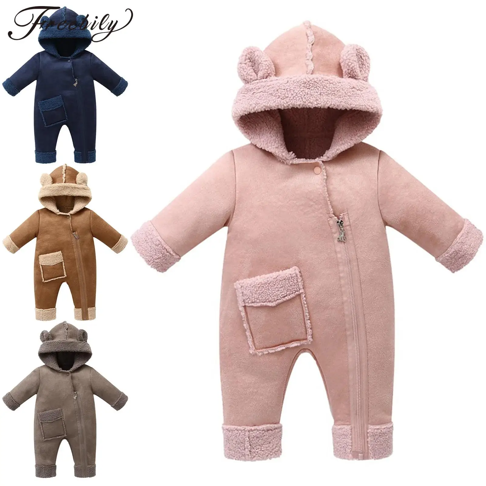 

Newborn Baby Winter Thick Warm Fleece-Lined Romper Long Sleeves Zipper Hooded Jumpsuit with Pocket Infant Boys Girls Clothes