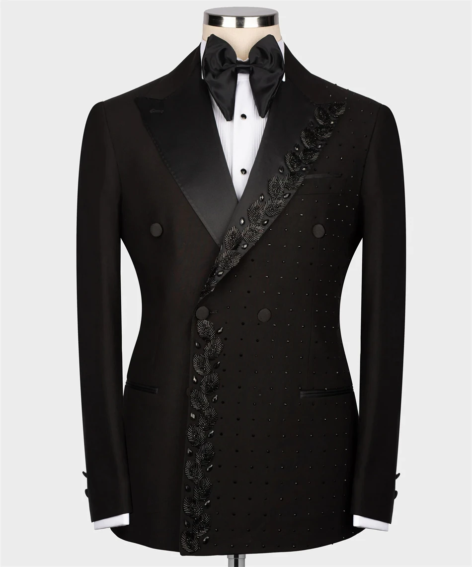 Men's Double Breasted Peak Lapel Blazer And Crystal Beads Pants Set Formal Wedding Party Groom Tuxedo Suit