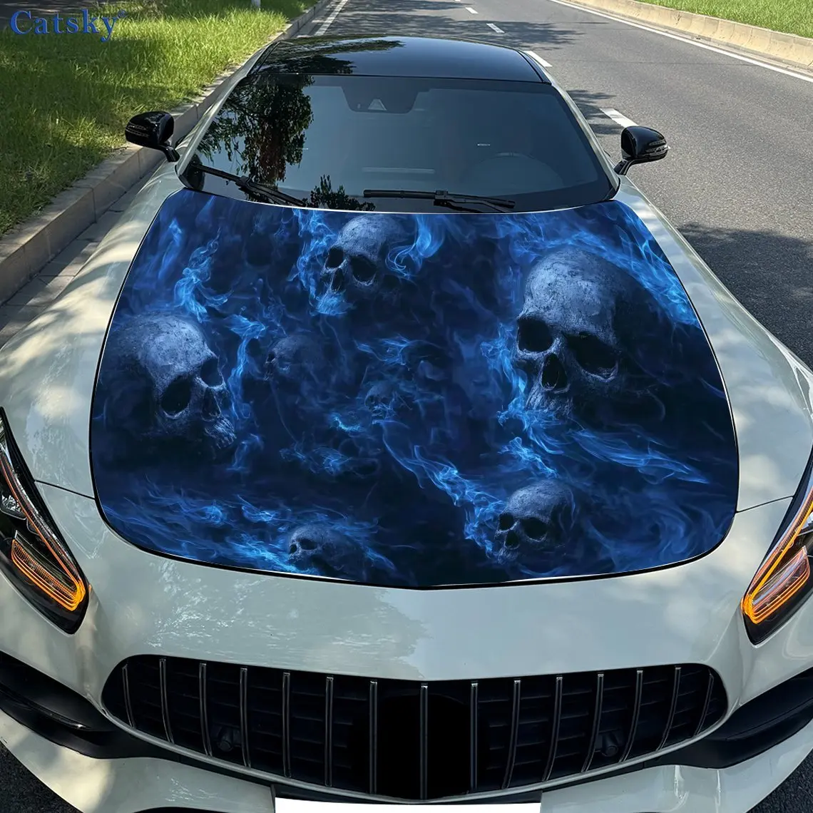 

Gothic Horror Blue Flame Skull Car Hood Decal Stickers, Motorcycle And Truck Decals, Self-adhesive Durable Car Parts, Universal