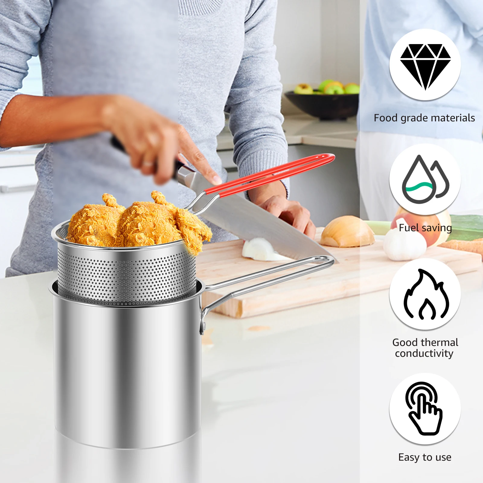 Deep Fryer Pot Stainless Steel Deep Fryer Mini Deep Oil Fryer Multifunctional Outdoor Cooking Fryer for Kitchen Camping Picnic