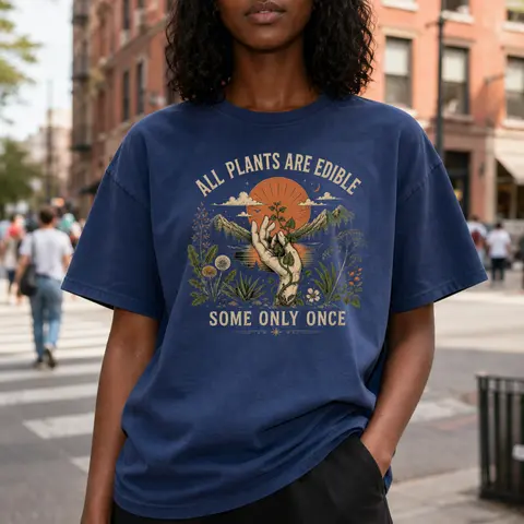Camiseta Feminina de Aventura ao Ar Livre com Citação de Humor Negro e Meme de Plantas Comestíveis, para Caminhada e Acampamento, com Proteção Solar