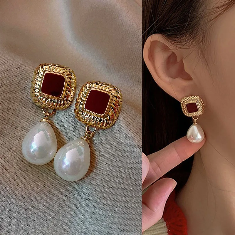 925 Silver Needle Vintage Wine Red Pearl Drop Earrings For Women Jewelry 2024 Trending New Hong Kong Style Women's Earrings Gift