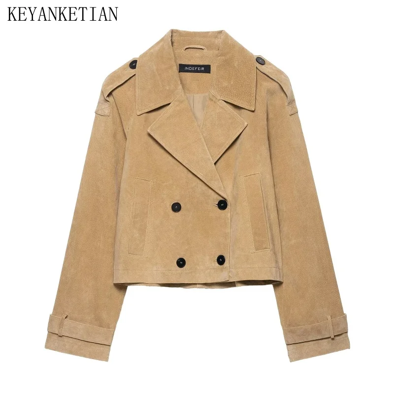 

KEYANKETIAN Autumn New Women's Clothing Lapel Double Row Button Shoulder Patch Solid Color Short Windbreaker Jacket Women Coat