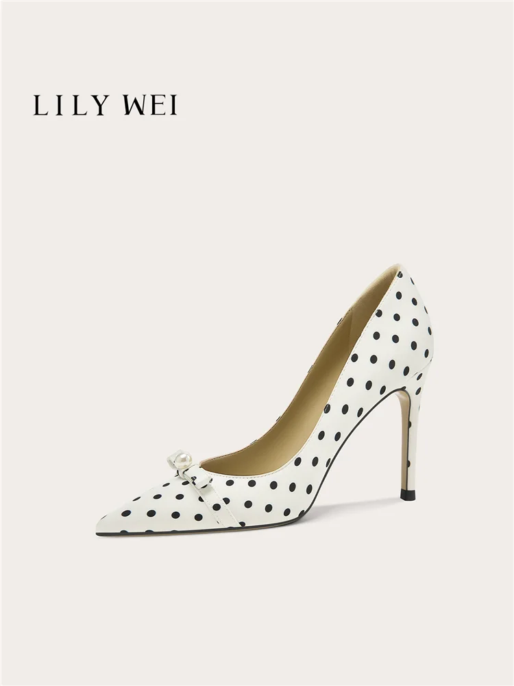 

Spring new pointed shallow mouth pearl bow polka dot fabric flat shoes banquet large size small size wide high heels women shoes