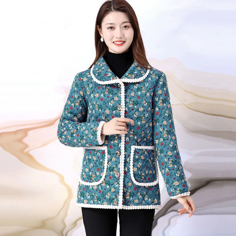 New Winter Cashmere Warm Padded Jacket Middle-Aged Women's Down Cotton Coat Printed Outerwear Casual Female Parker Overcoat 5XL